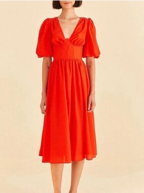 FARM Rio Scarlet V-Neck Puff Sleeve Midi Dress